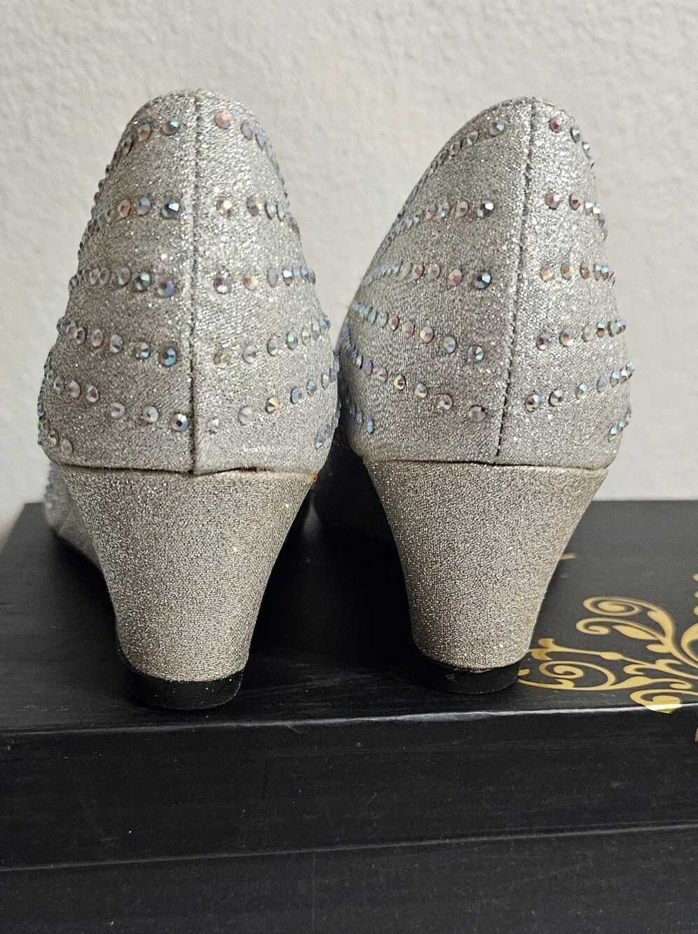 Kiss & Tell Silver Open-Toe Wedge Heels with Rhinestone Detail